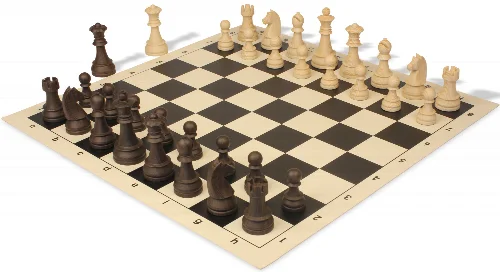 German Knight Plastic Chess Set Wood Grain Pieces with Vinyl Rollup Board - Black - Image 1