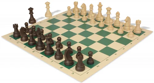 German Knight Plastic Chess Set Wood Grain Pieces with Vinyl Rollup Board - Green - Image 1