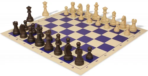 German Knight Plastic Chess Set Wood Grain Pieces with Vinyl Rollup Board - Blue - Image 1