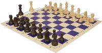 German Knight Plastic Chess Set Wood Grain Pieces with Vinyl Rollup Board - Blue