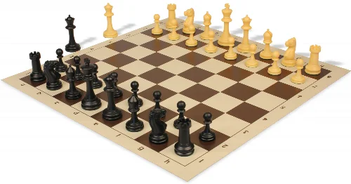 Master Series Triple Weighted Plastic Chess Set Black & Camel Pieces with Vinyl Rollup Board - Brown - Image 1