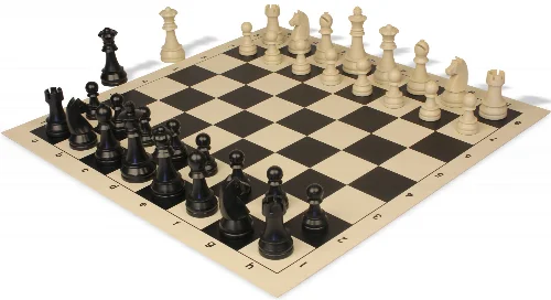 German Knight Plastic Chess Set Black & Aged Ivory Pieces with Vinyl Rollup Board - Black - Image 1