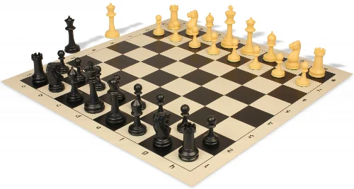 Master Series Triple Weighted Plastic Chess Set Black & Camel Pieces with Vinyl Rollup Board - Black - Image 1