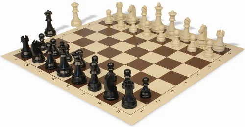 German Knight Plastic Chess Set Black & Aged Ivory Pieces with Vinyl Rollup Board - Brown - Image 1