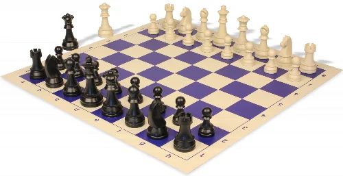 German Knight Plastic Chess Set Black & Aged Ivory Pieces with Vinyl Rollup Board - Blue - Image 1