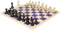 German Knight Plastic Chess Set Black & Aged Ivory Pieces with Vinyl Rollup Board - Blue