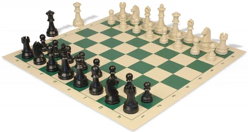 German Knight Plastic Chess Set Black & Aged Ivory Pieces with Vinyl Rollup Board - Green - Image 1