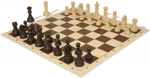 German Knight Plastic Chess Set Wood Grain Pieces with Vinyl Rollup Board - Brown - Image 1