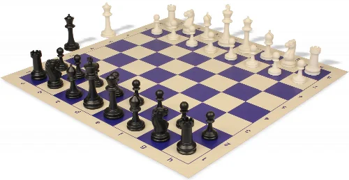 Master Series Triple Weighted Plastic Chess Set Black & Ivory Pieces with Vinyl Rollup Board - Blue - Image 1