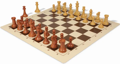 Professional Plastic Chess Set Wood Grain Pieces with Vinyl Rollup Board - Brown - Image 1