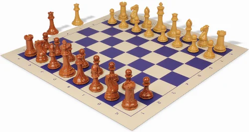 Professional Plastic Chess Set Wood Grain Pieces with Vinyl Rollup Board - Blue - Image 1