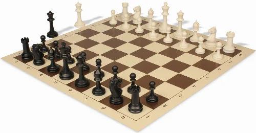 Master Series Triple Weighted Plastic Chess Set Black & Ivory Pieces with Vinyl Rollup Board - Brown - Image 1