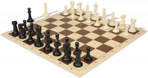 Executive Plastic Chess Set Black & Ivory Pieces with Vinyl Roll-up Board - Brown - Image 1