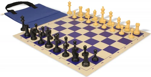 Master Series Easy-Carry Triple Weighted Plastic Chess Set Black & Camel Pieces with Vinyl Rollup Board - Blue - Image 1