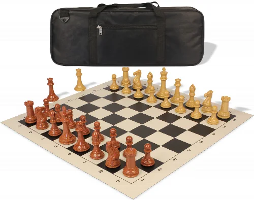 Professional Deluxe Carry-All Plastic Chess Set Wood Grain Pieces with Vinyl Roll-up Board & Bag - Black - Image 1