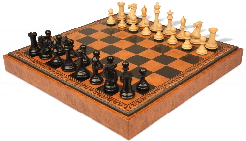 New Exclusive Staunton Chess Set Ebonized & Boxwood Pieces with Leatherette Chess Board & Tray - 3.5" King - Image 1