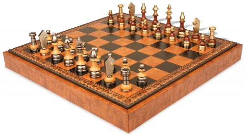 Silhouette Knight Brass & Wood Chess Set with Leatherette Chess Case - Image 1