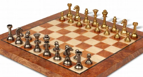 Small Staunton Solid Brass Chess Set with Elm Burl Chess Board - Image 1