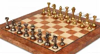 Small Staunton Solid Brass Chess Set with Elm Burl Chess Board