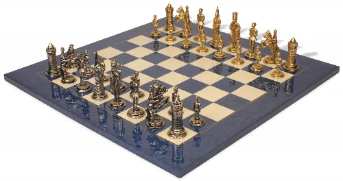 Camelot Theme Metal Chess Set Blue Ash Burl Chess Board - Image 1