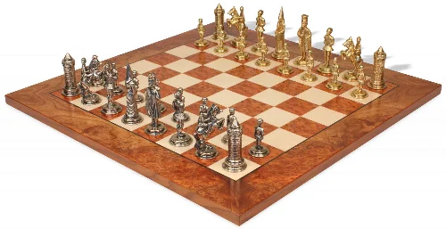 Camelot Theme Metal Chess Set with Elm Burl Chess Board - Image 1