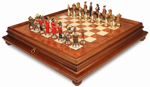 Large Napoleon Theme Hand Painted Metal Chess Set with Elm Burl Chess Case - Image 1