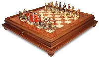 Large Napoleon Theme Hand Painted Metal Chess Set with Elm Burl Chess Case