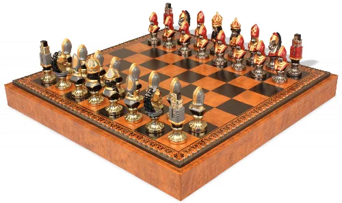 Medieval Theme Hand Painted Metal Chess Set with Faux Leather Chess Board & Storage Tray - Image 1