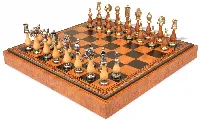 Large Italian Arabesque Staunton Metal & Wood Chess Set with Faux Leather Chess Board & Storage Tray