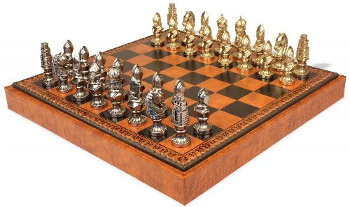 Medieval Theme Metal Chess Set with Faux Leather Chess Board & Storage Tray - Image 1