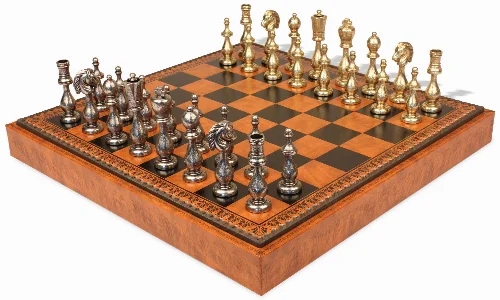 Large Arabesque Contemporary Staunton Metal Chess Set with Faux Leather Chess Board & Storage Tray - Image 1