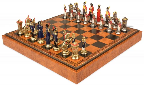 Large Napoleon Theme Hand Painted Metal Chess Set with Faux Leather Chess Board & Storage Tray - Image 1