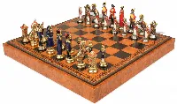 Large Napoleon Theme Hand Painted Metal Chess Set with Faux Leather Chess Board & Storage Tray