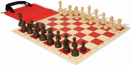German Knight Easy-Carry Plastic Chess Set Wood Grain Pieces with Vinyl Rollup Board - Red - Image 1