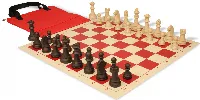 German Knight Easy-Carry Plastic Chess Set Wood Grain Pieces with Vinyl Rollup Board - Red