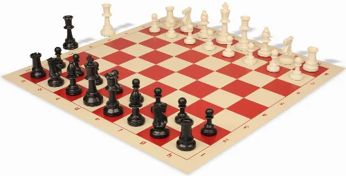 Standard Club Triple Weighted Plastic Chess Set Black & Ivory Pieces with Vinyl Rollup Board - Red - Image 1