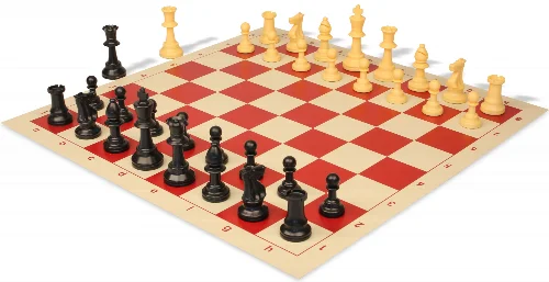 Standard Club Plastic Chess Set Black & Camel Pieces with Vinyl Rollup Board - Red - Image 1