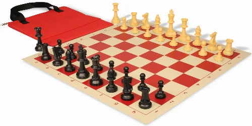 Standard Club Easy-Carry Plastic Chess Set Black & Camel Pieces with Vinyl Rollup Board- Red - Image 1