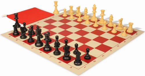 Standard Club Classroom Plastic Chess Set Black & Camel Pieces with Vinyl Rollup Board - Red - Image 1