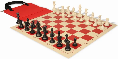 Standard Club Easy-Carry Triple Weighted Plastic Chess Set Black & Ivory Pieces with Vinyl Rollup Board - Red - Image 1