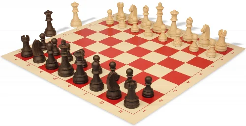 German Knight Plastic Chess Set Wood Grain Pieces with Vinyl Rollup Board - Red - Image 1