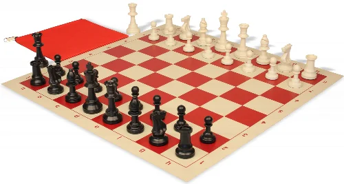 Standard Club Classroom Triple Weighted Plastic Chess Set Black & Ivory Pieces with Vinyl Roll-up Board - Red - Image 1