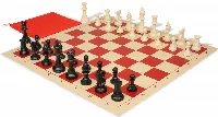 Standard Club Classroom Triple Weighted Plastic Chess Set Black & Ivory Pieces with Vinyl Roll-up Board - Red