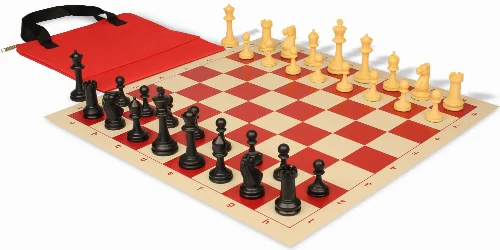 Master Series Easy-Carry Plastic Chess Set Black & Camel Pieces with Vinyl Rollup Board - Red - Image 1