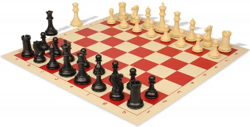 Conqueror Plastic Chess Set Black & Camel Pieces with Rollup Board - Red - Image 1