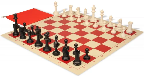 Master Series Classroom Triple Weighted Plastic Chess Set Black & Ivory Pieces with Vinyl Roll-up Board & Bag - Red - Image 1