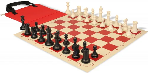 Conqueror Easy-Carry Plastic Chess Set Black & Ivory Pieces with Vinyl Rollup Board - Red - Image 1