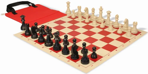 German Knight Easy-Carry Plastic Chess Set Black & Aged Ivory Pieces with Vinyl Rollup Board - Red - Image 1