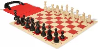 German Knight Easy-Carry Plastic Chess Set Black & Aged Ivory Pieces with Vinyl Rollup Board - Red