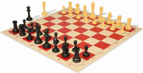 Master Series Triple Weighted Plastic Chess Set Black & Camel Pieces with Vinyl Rollup Board - Red - Image 1